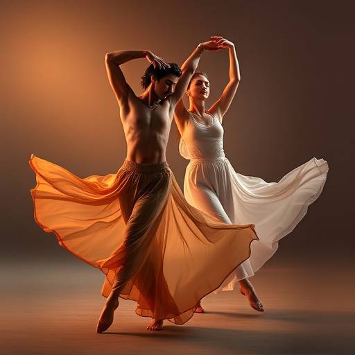 A class of dancers executing a fluid contemporary dance sequence, demonstrating grace and control.