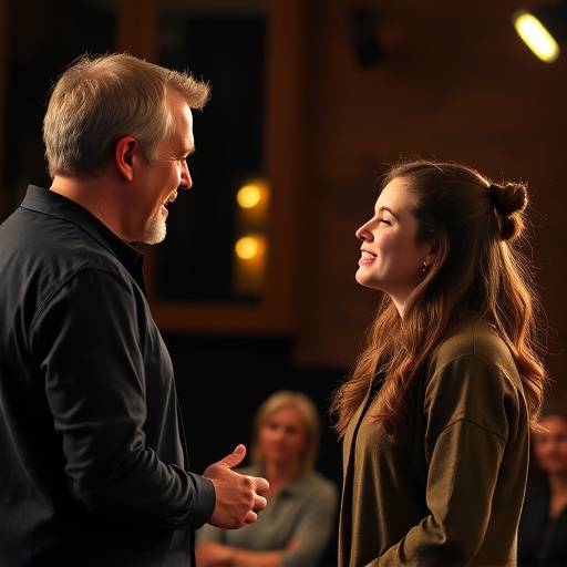 A vocal coach guiding a student through proper breathing techniques and vocal projection exercises.
