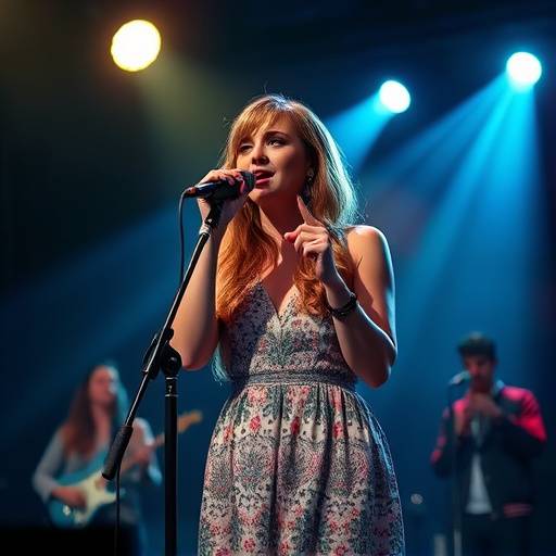 Emily Carter singing into a microphone on stage with a band.