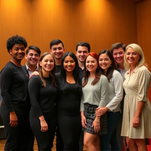 Group photo of StageReady Academy students and instructors, smiling and posing together after a performance.
