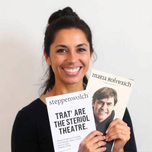 Headshot of Maria Rodriguez, smiling and holding a playbill from a Steppenwolf Theatre production.
