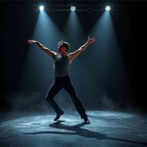 Photo of David Lee dancing on stage during a contemporary dance performance.
