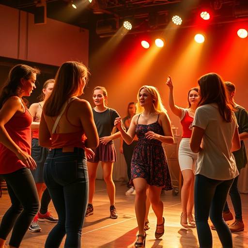 Students in a musical theatre class rehearsing a song and dance number with enthusiasm and energy.